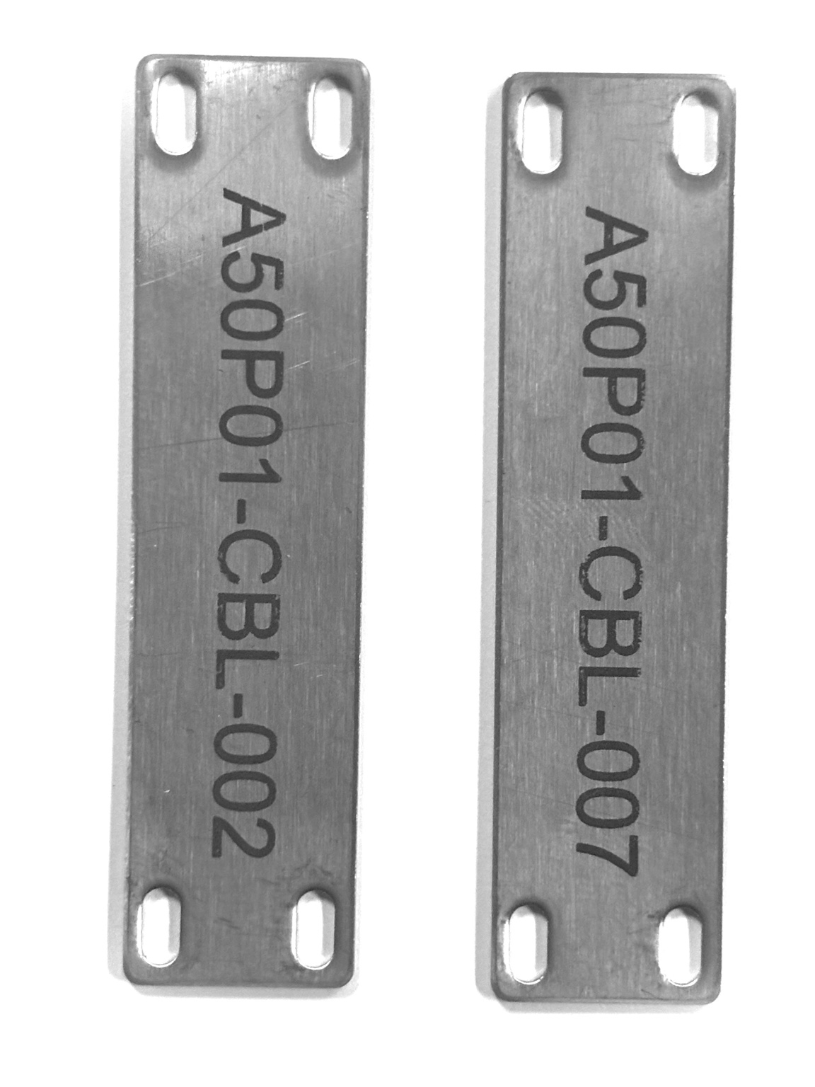 Engraved aluminum industrial identification tags with mounting slots